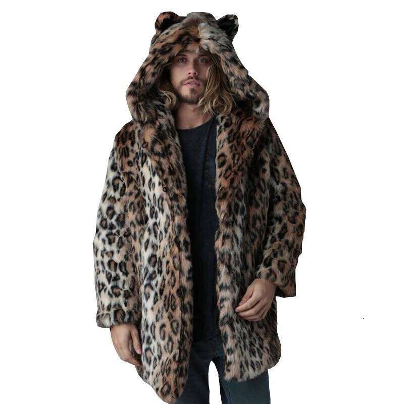 Plus Size Faux For Winter Male Leopard Jacket Long Style Hooded Overcoat Warm Men Fur Outerwear leisure Z260313