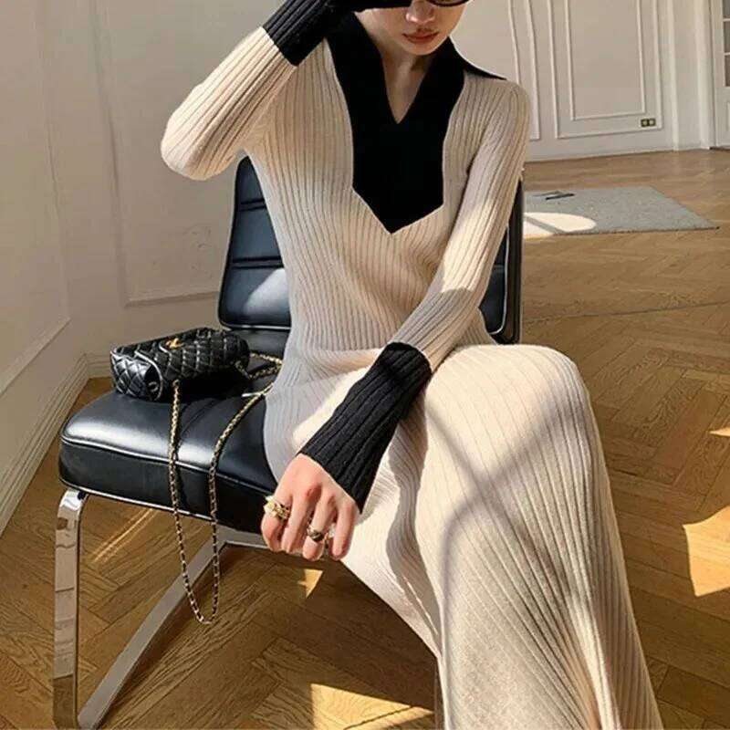 French Knit Women Autumn New Arrival Long-Sleeve Elegant Lady Long Base Sweater Dress Z260314