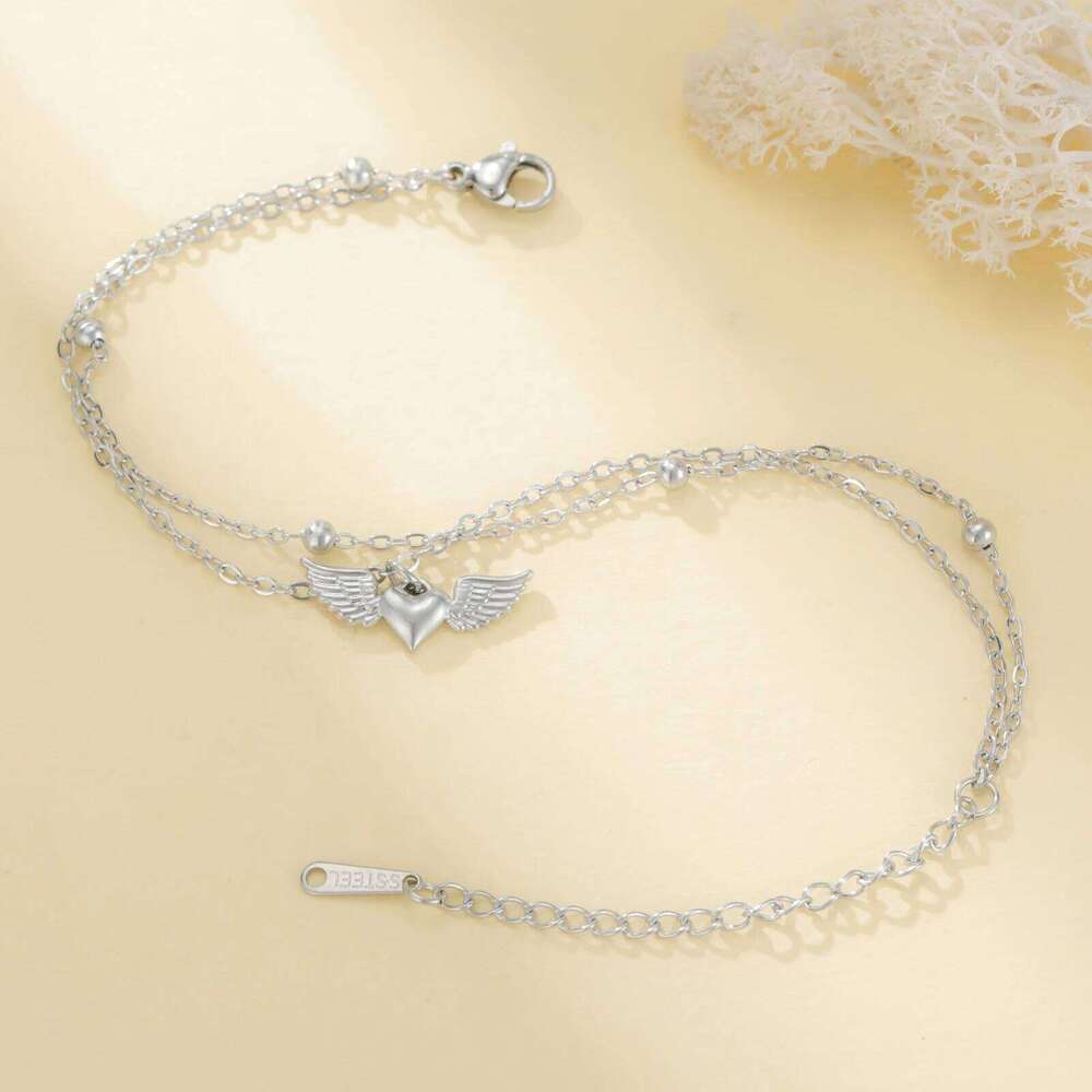 Teamer Heart Wing Charm Bracelet Stainless Steel Gold Color Adjustable Double Layer Beads Chain For Women Girls Trendy Jewelry Z260313