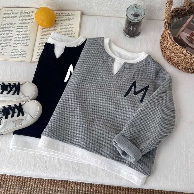 Clothing Sets (waffle weave) faux two-piece printed loose top for boys in spring and autumn