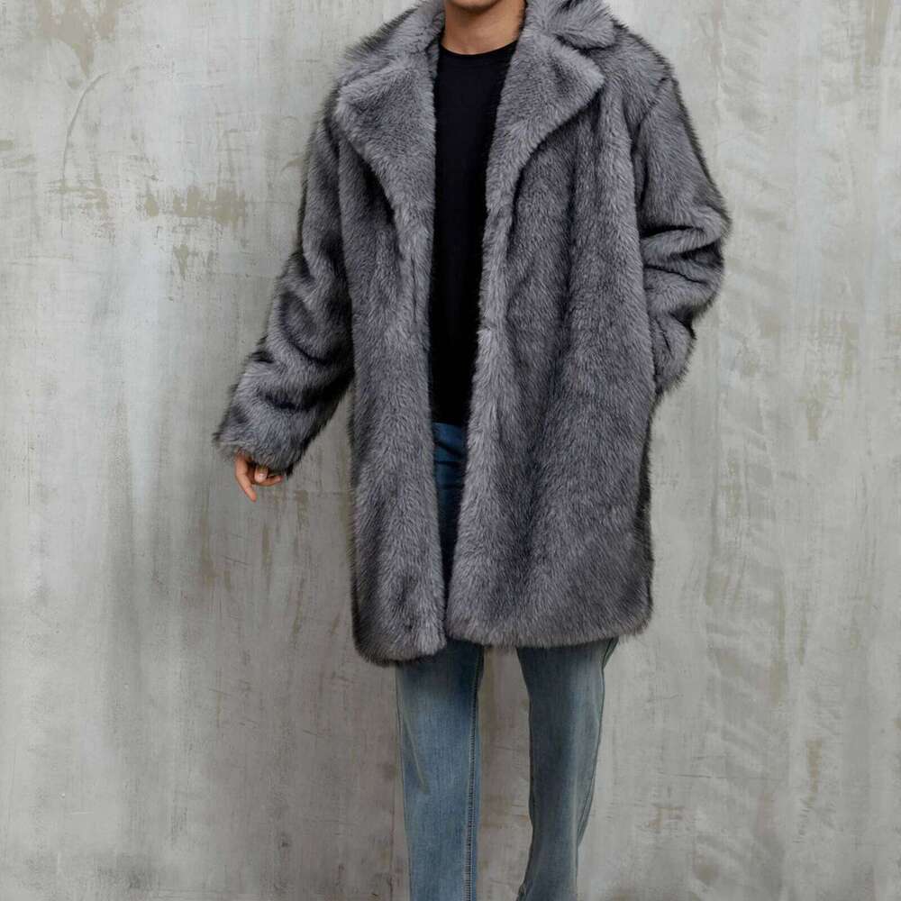 Men's Autumn Winter Faux Fur Coat Long Sleeve Turn Down Collar Open Front Jacket Z260313