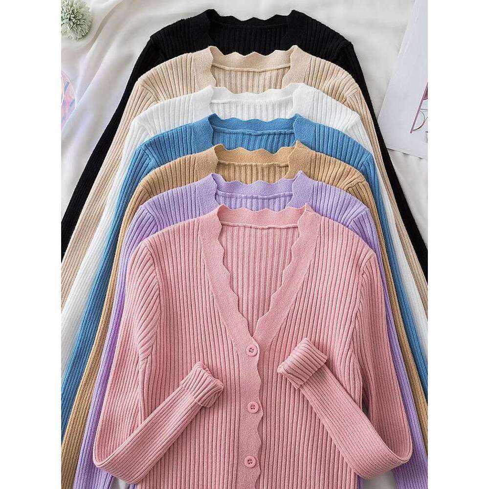 Knitted Cardigan Button Jacket 2023 Autumn Winter V-neck Long Sleeve Casual Tops For Women Sweater Green Z260313