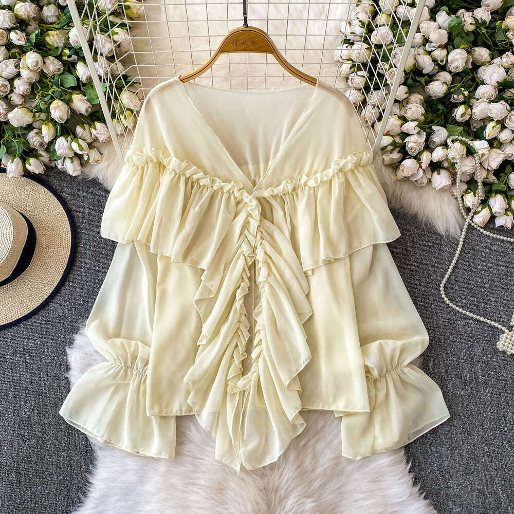 White V-neck bell shaped sleeve A15 sunscreen wrinkle resistant chiffon women's shirt 2026 summer elegant loose fit with ruffled details