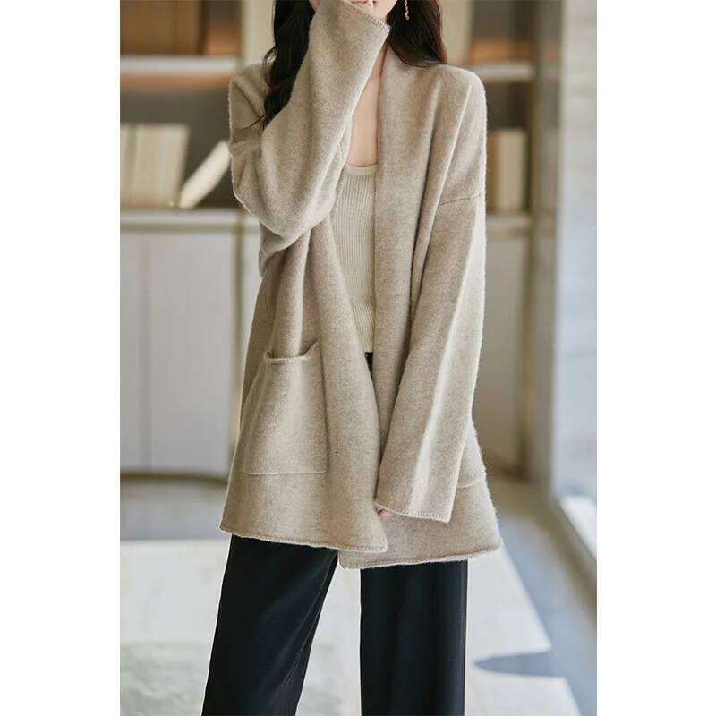 Christmas 100% Merino Wool 7-Needle Thick Knit Cardigan Loose Plus Size Top Women's Double Pocket Cashmere Coat Winter YYY2437 Z260313