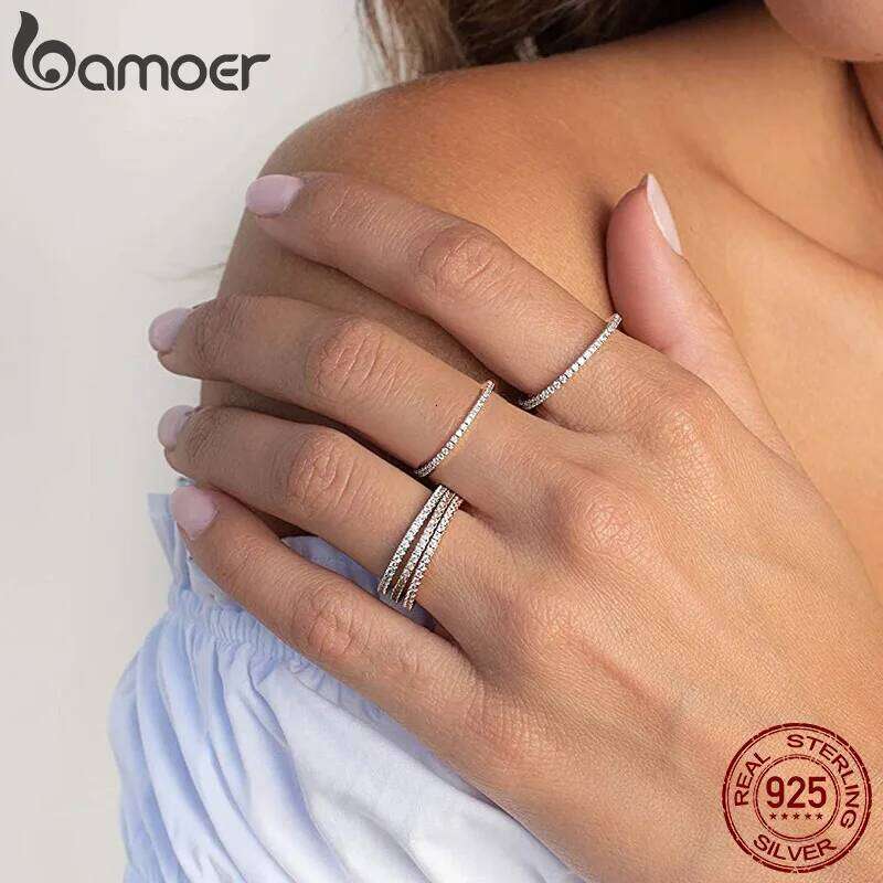 Bamoer 925 Sterling Silver Fashion CZ Stackable Black Gold Plated Eternity Bands for Women 7 Colors Ring Statement Jewelry H260312