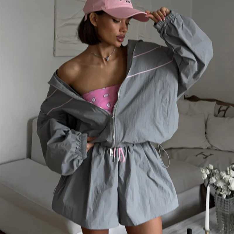 Summer casual womens loose suit long-sleeved zippered cardigan jacket drawstring wide-leg shorts sets womens clothing M260313