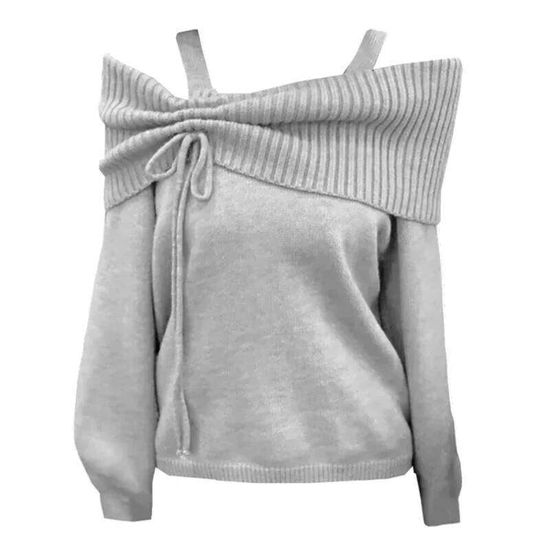 Deeptown Korean Style Coquette Knitwear Pullovers Women Sweet Slash Neck Long Sleeve Sweaters Autumn Winter 2000s Grey Jumper Z260313