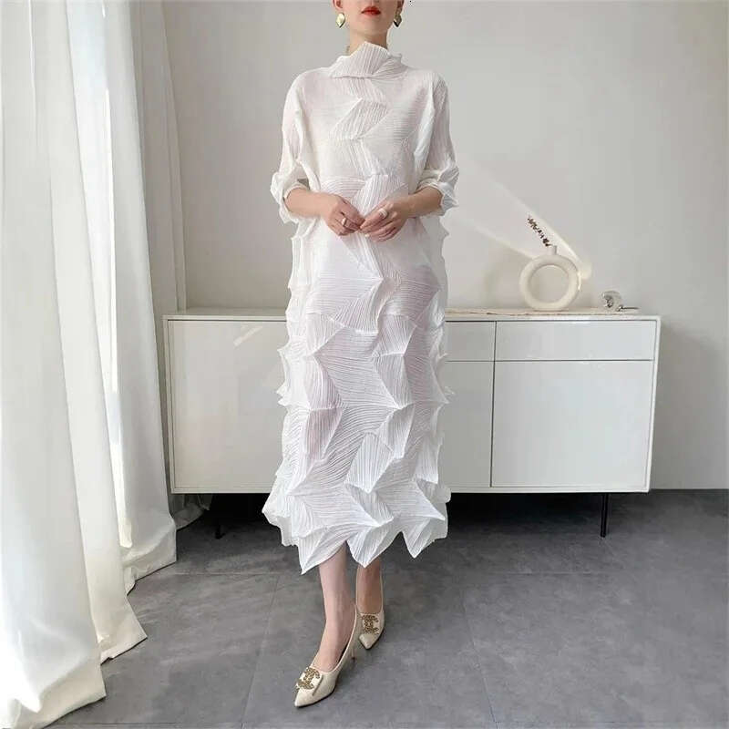 LANMREM Long Dress For Women Elastic Loose Irregular Pleated Stand Collar Pullover Famale Clothing Half Sleeve DB MAKOUFEI
