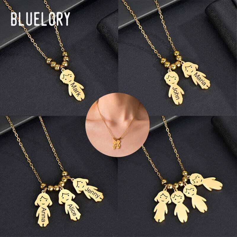Bluelory Customized Engrave Your Kid's Name Women Necklace For Mom Gold Stainless Steel Carton Boy Girl Custom Jewelry Gift H260312