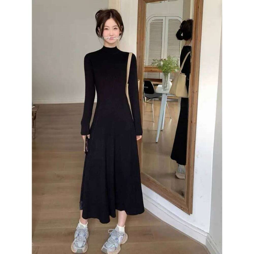 Women's Black French Mid-Calf A-Line Knit Dress Chic Semi-Turtleneck Slimming Long Sleeve Warm Layered Autumn Winter Exclusive Z260313