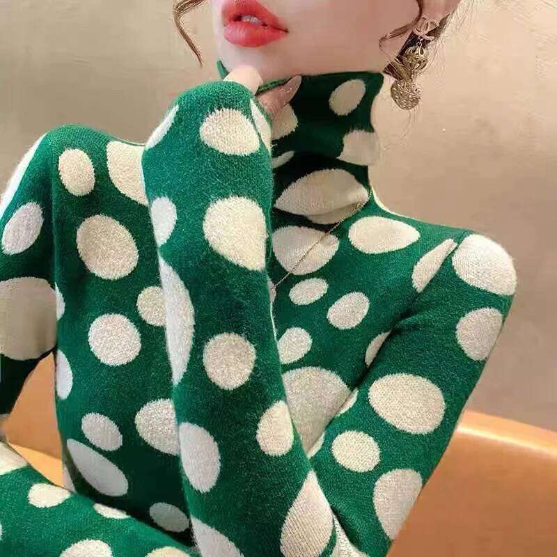 Women's Clothing Fashion Turtleneck Long Sleeve Knit Sweaters Autumn Winter Elegant All-match Slim Polka Dot Pullovers Chic Tops Z260313