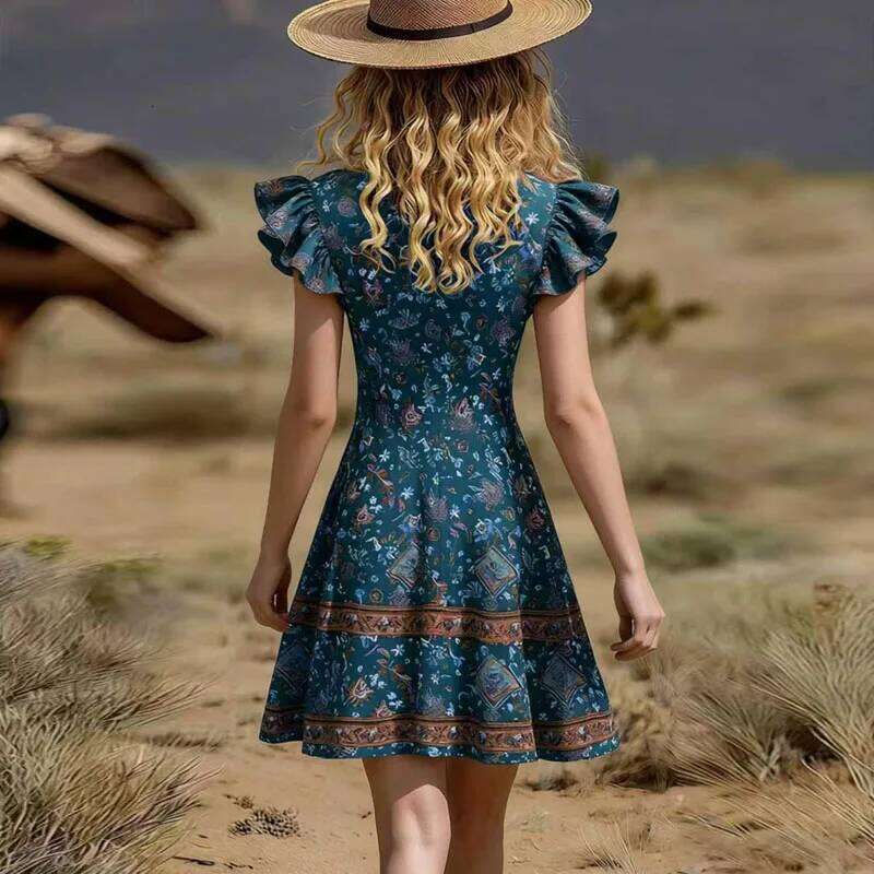 Ethnic Woman Clothes 2026 New Spring Elegant V Neck A-Line Party Dresses Summer Butterfly Sleeve Ruffle Print Mini Dress Vestido