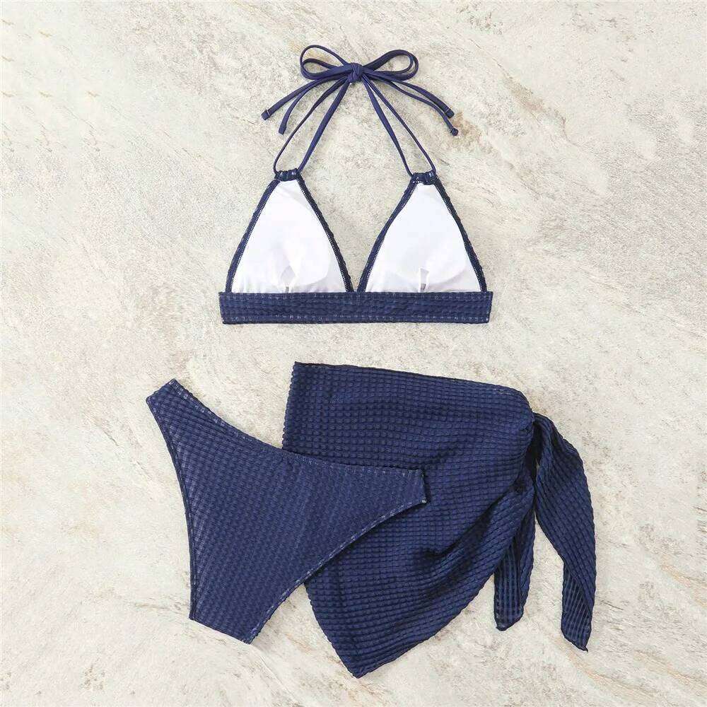 Dark Blue Push Up Bikinis Sets 3 Piece Sexy Swimsuits Cover Ups High Cut Bather Holiday Beach Swim Wear 2025 Brazilian Bikini Y260303