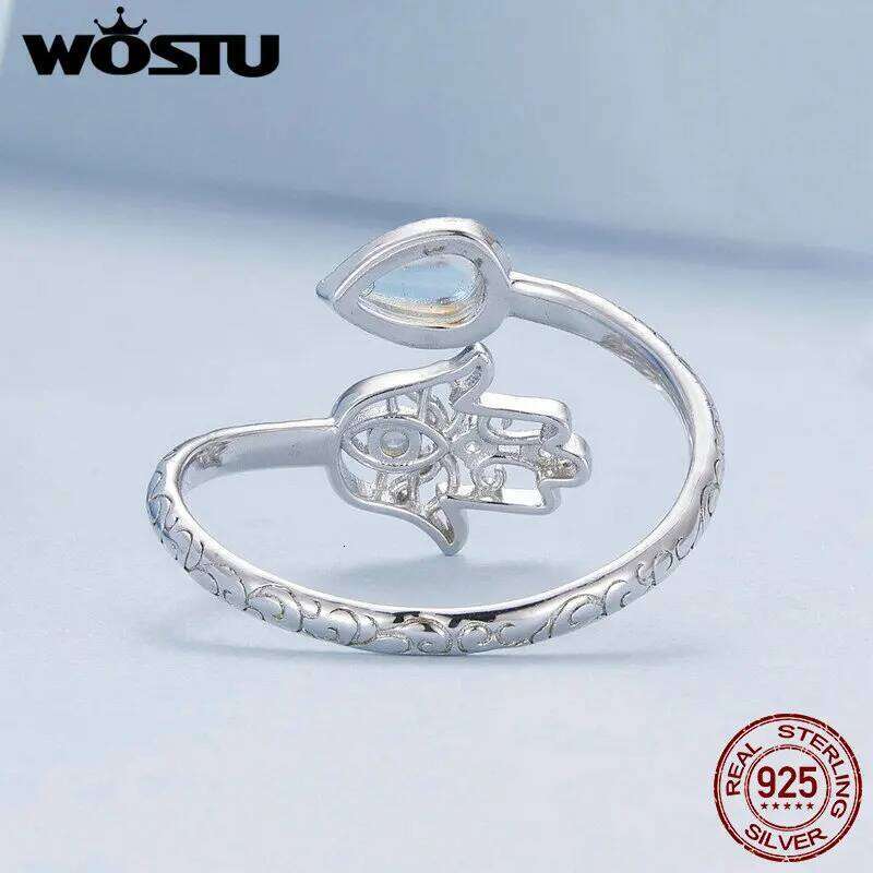 WOSTU Open 925 Sterling Silver Hamsa Hand Lucky Ring with Floral Patterns and Moonstone for Women Happiness Protection Gift H260312