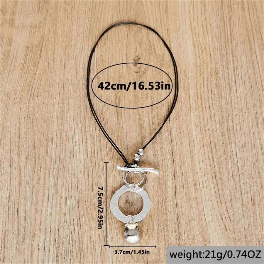 Bohemia Silver Color Geometric Shape Metal Black PU Leather Retro OT Closure Simple Design Round Ball Pendant Necklace H260312