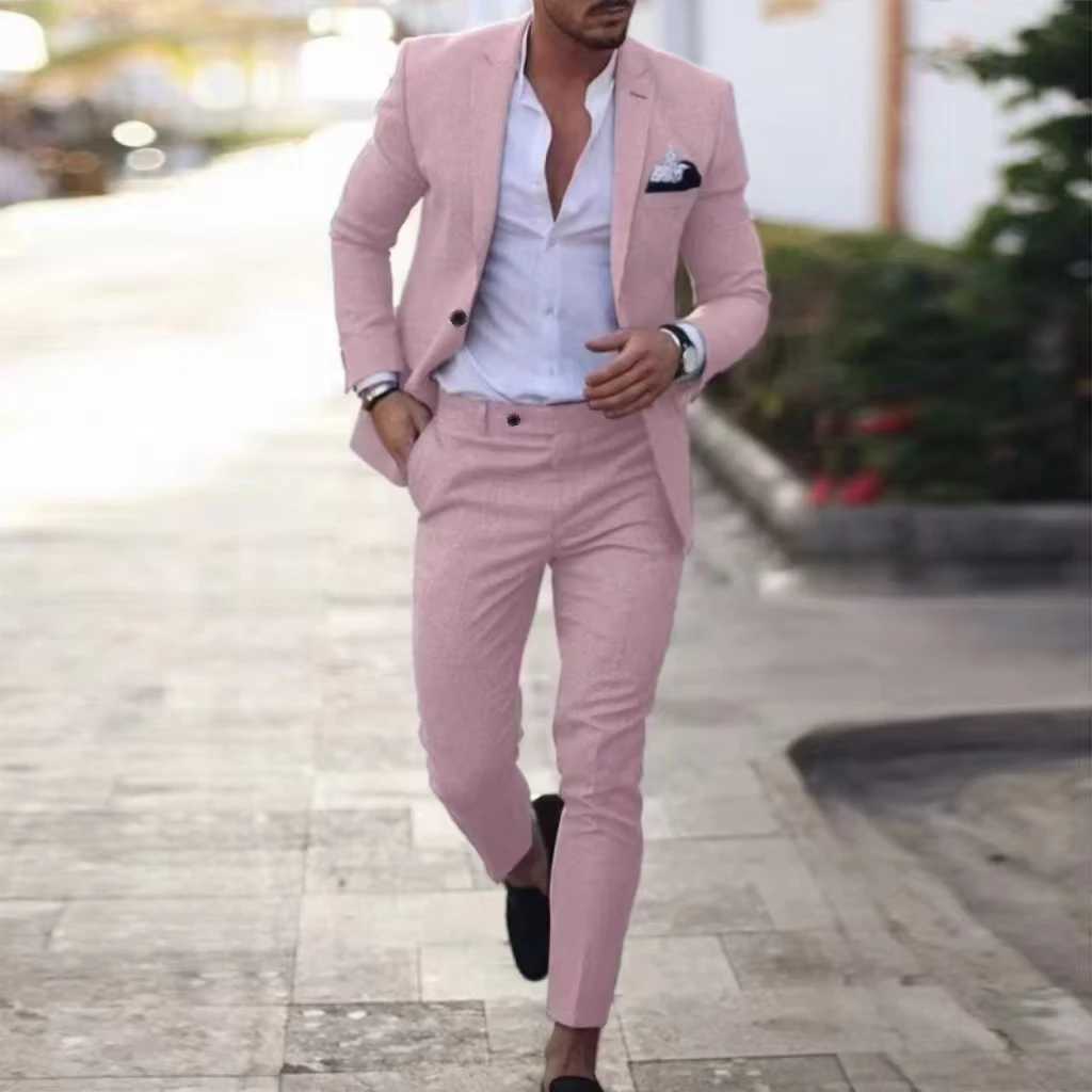 Linen Two-piece Set Tuxedo Suits for Men Notched Lapel Mens Casual Fitted Linen Suit Elegant Party Dresses Summer Beach M260313