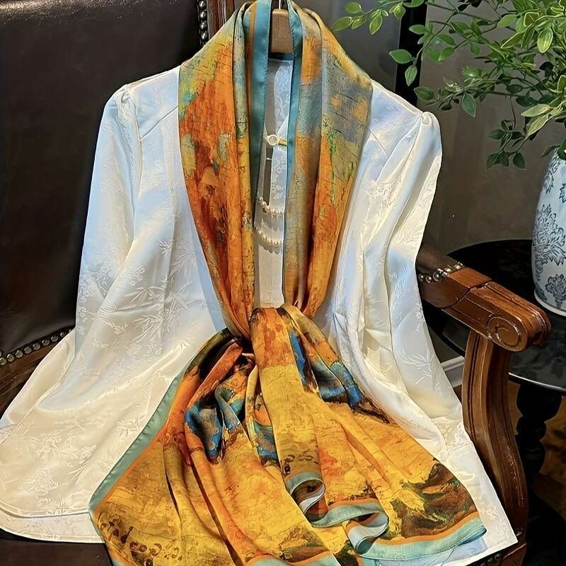 Mulberry Silk Scarf Women - Lightweight Breathable, Featuring A Vibrant Autumn Leaves Pattern, Long Shawl Ideal Fashionable Layering,Gift Liuyuemoshan