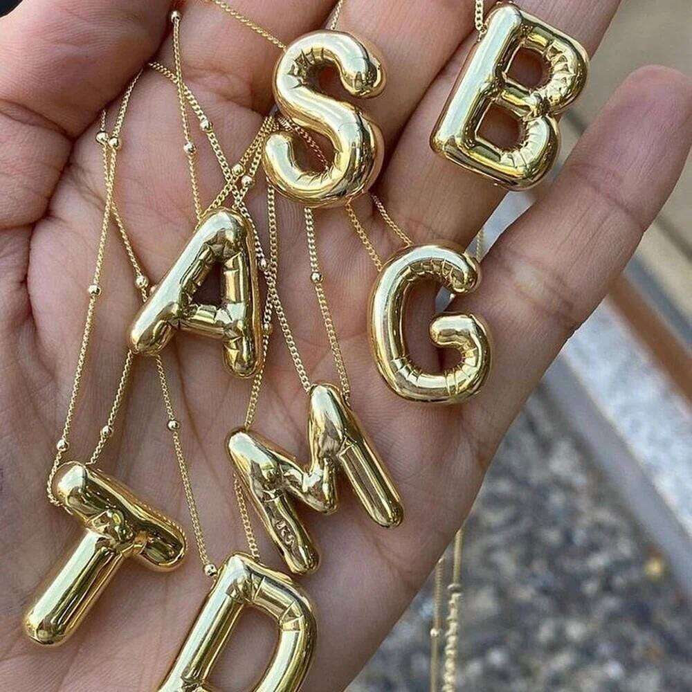 Delicate Chunky Alphabet Balloon Bubble Initial Letter Pendant Necklace for Women Men Stainless Steel Gold Plated Necklaces H260312