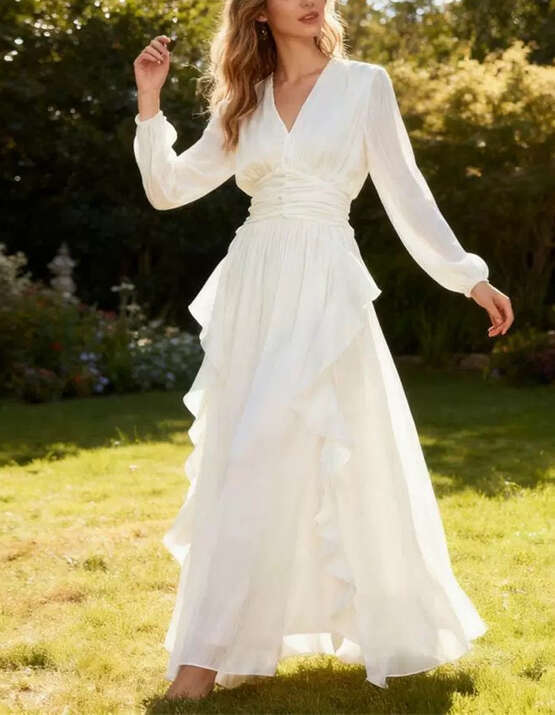 2026 spring and summer elegant and simple pure color V-neck silk vacation style flowing long skirt for European and American women