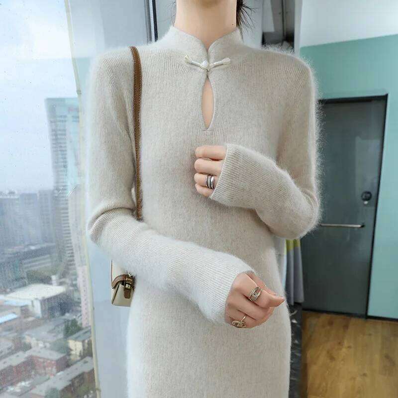 Women' 100%Pure Mink Cashmere Stand-Up Collar Buckle Slim Knit Long Skirt Fashion High Waist Over The Knee Bottoming Dress Z260314