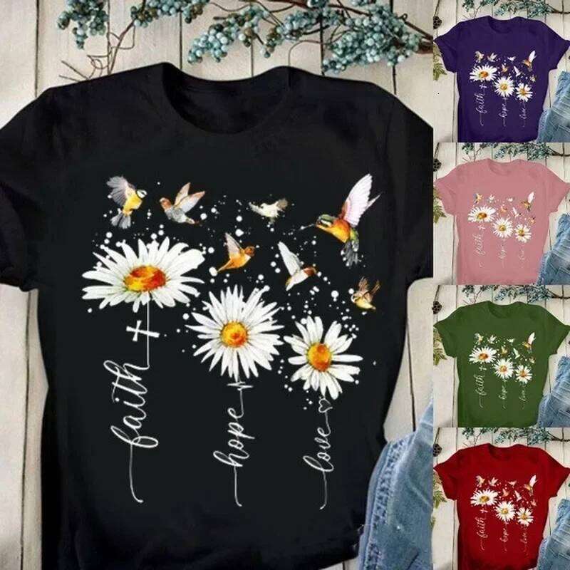 Faith Hope Love Daisy Print T Short Sleeve O Neck Loose Tshirt Summer Women Tee Shirt Tops Camisetas Mujer Z260314