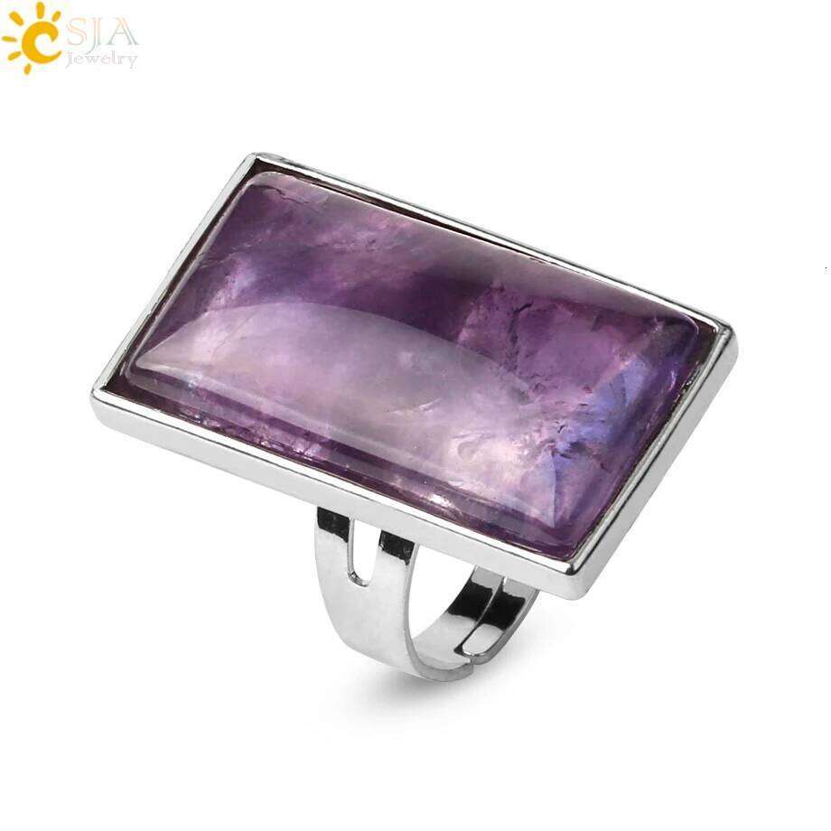 CSJA Rectangle Natural Stones Finger Rings Silver-color Adjustable Ring Healing Crystal Pink Quartz Women Statement Jewelry G456 H260312