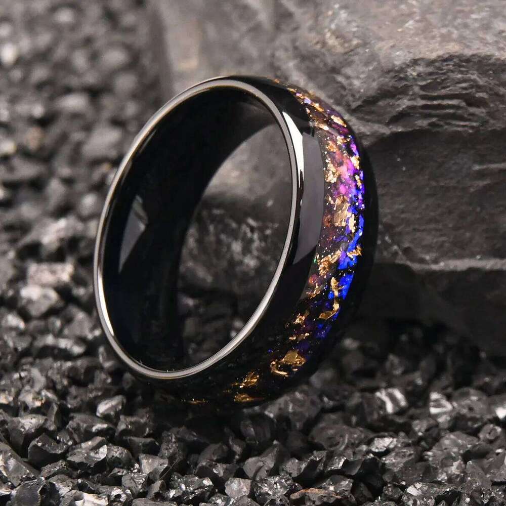 Black 8mm StarrySky and Golden leaf Tungsten Wedding Rings for Men Anti Scratch Band Fashion Comfort Jewelry Accessories Gift H260312