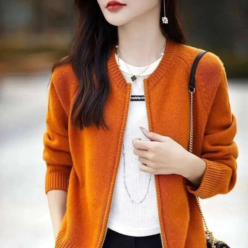 Knit Women Cardigan Casual Full Sleeve Zipper O Neck Pleated Solid Lady Sweater 2025 Autumn Fashion Female Knitwear Z260313
