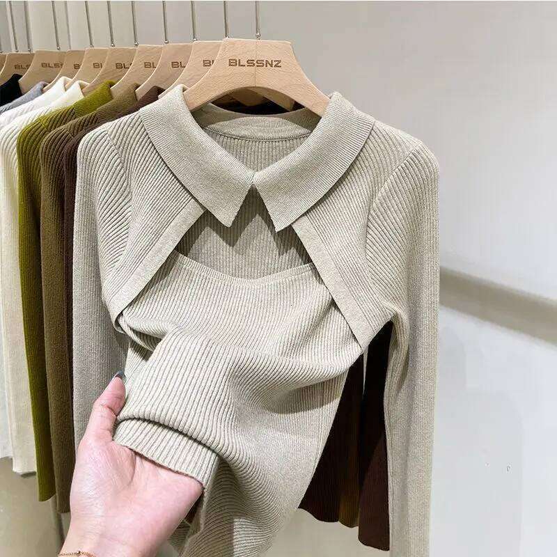 Women Clothing Fashion Polo Collar Hollow Out Knit Pullover Autumn Elegant Sexy Solid Patchwork Sweater Chic Y2K Long Sleeve Top Z260313
