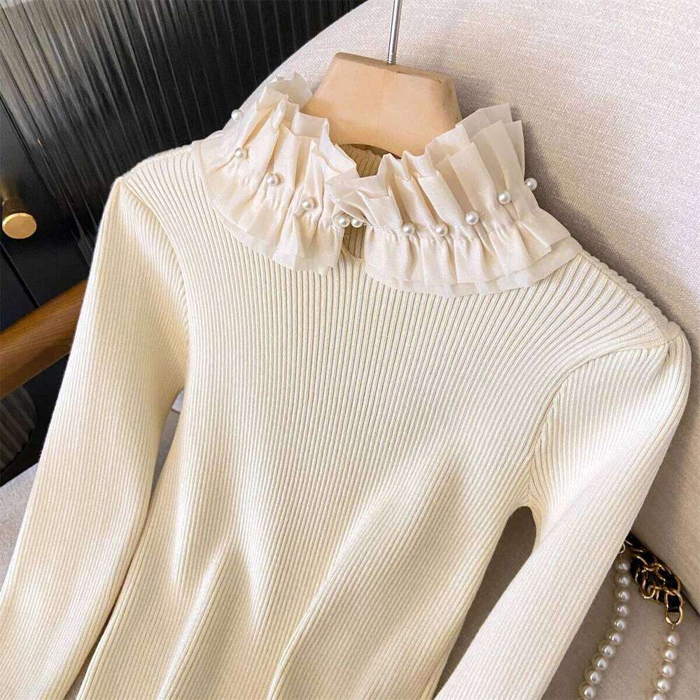 French Style Vintage Women Elasitc Stand-up Collar Long Sleeve Knitted Pullover Beading Ruffles Patchwork Sweaters Tops 2026 Z260313
