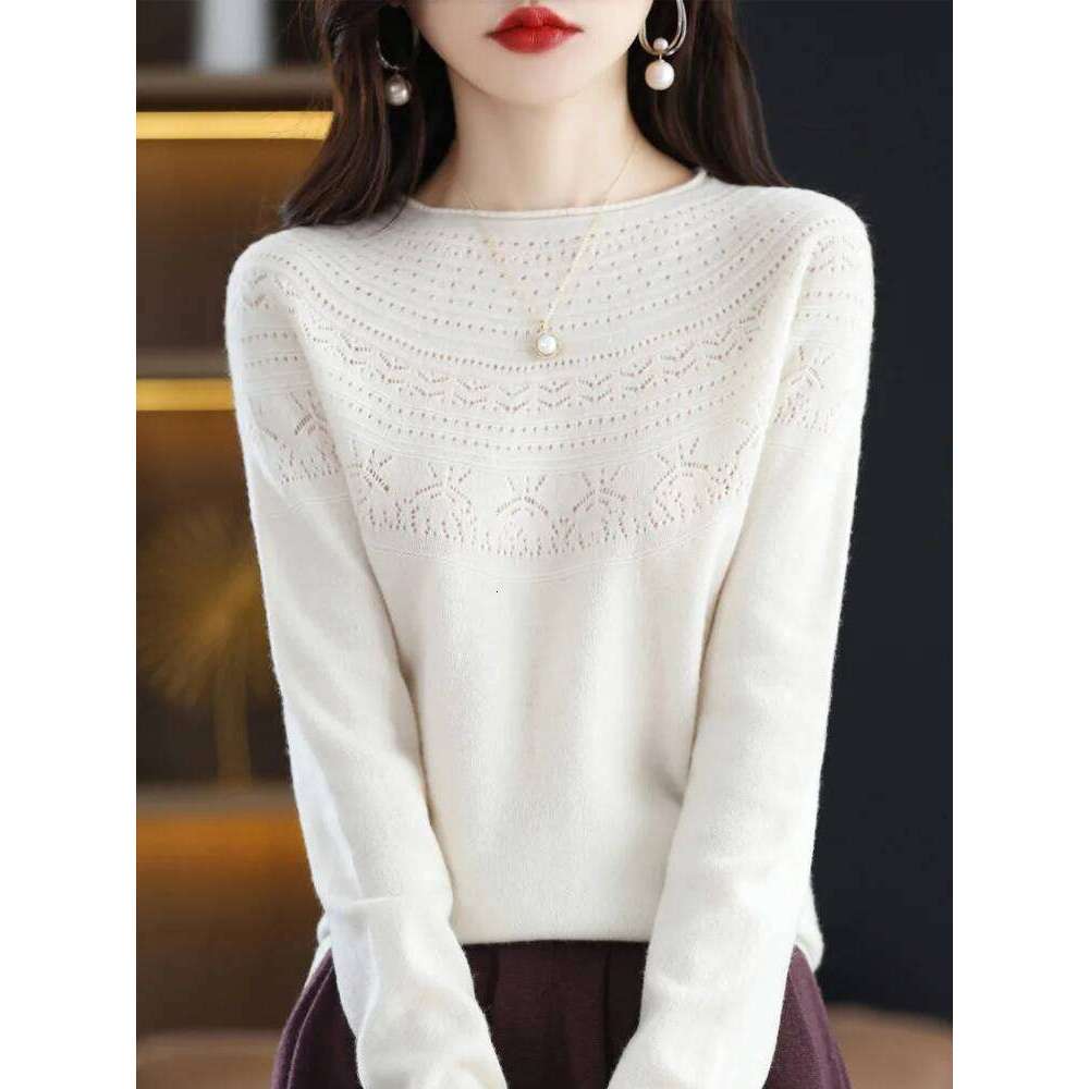 Women 100% Merino Wool Sweater Autumn Winter Pullovers O-Neck Hollow Cashmere Knitwear Female Basic Bottoming Clothing Tops Z260314