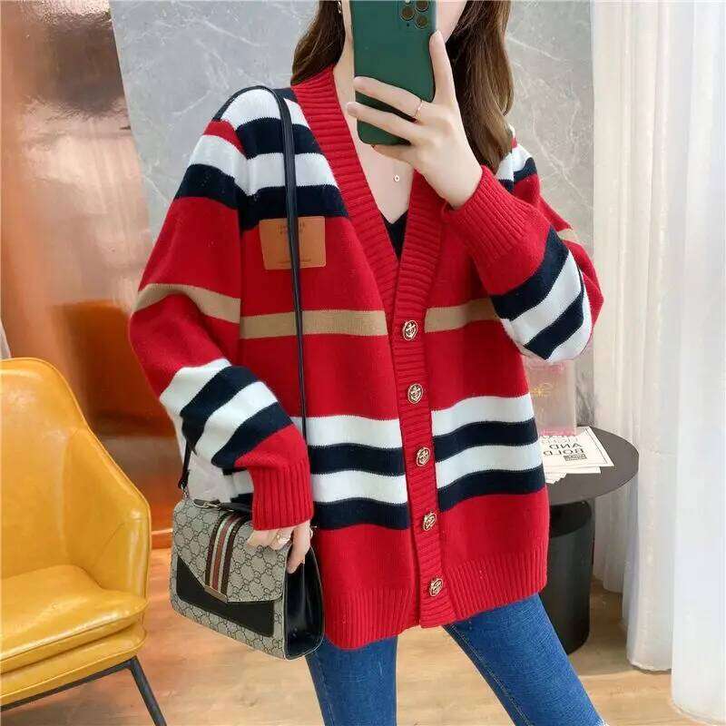 Striped Knitted Cardigan Jacket for Women's Spring Autumn New Vintage Loose and Gentle Sweater Korean Version Lazy Style Jac Z260313