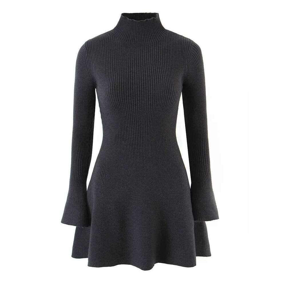 2025 Sexy High Collar Rib Line Knitted Long Flare Sleeve Sweater Dress Women Slim Waist Swing Short Dresses Knitwear Robe Brown Z260314
