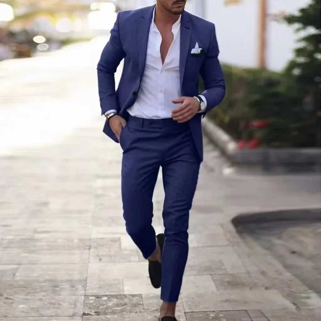 Linen Two-piece Set Tuxedo Suits for Men Notched Lapel Mens Casual Fitted Linen Suit Elegant Party Dresses Summer Beach M260313