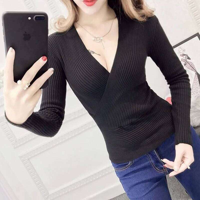 Autumn Winter Basic Sweaters Women Pullovers Long Sleeve Deep V Neck Korean Fashion Clothing Slim White Jumpers Knitwear Tops Z260313