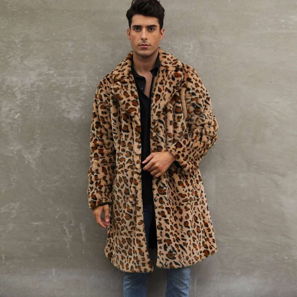 European American New Fashion Men's Leopard Casual Trendy Simple Basic Loose Turn-down Collar Long Sleeve Faux Fur Coats Tops Z260313