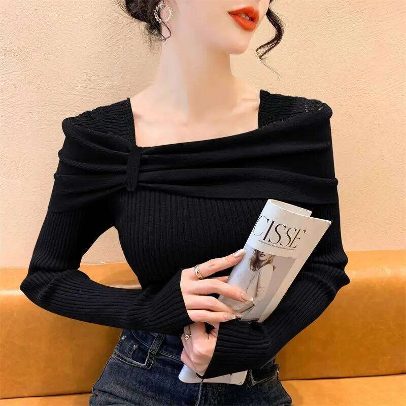 Spring Autumn Solid Color Square Collar Long Sleeve Fashion Sweater Women High Street Casual Slim Korean Style Flares Pullovers Z260313