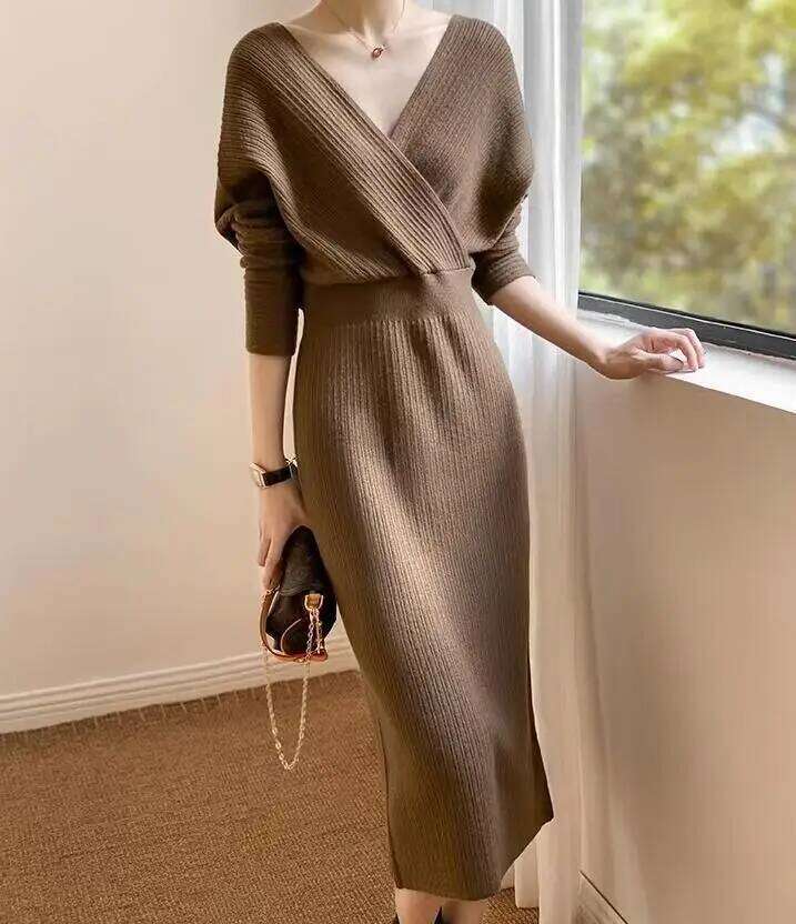 New Autumn/Winter Fashion Long Sleeve V-neck Knitted Solid Color Slim Fit Dress For Women,5 Colors Z260314