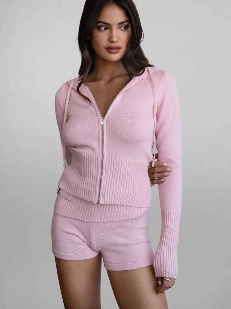 Spring Autumn Knitted Shorts Suit Women Long Sleeves Hooded Zipper Topshigh Waist Slim Shorts Female Solid Knit Two Piece Set M260313