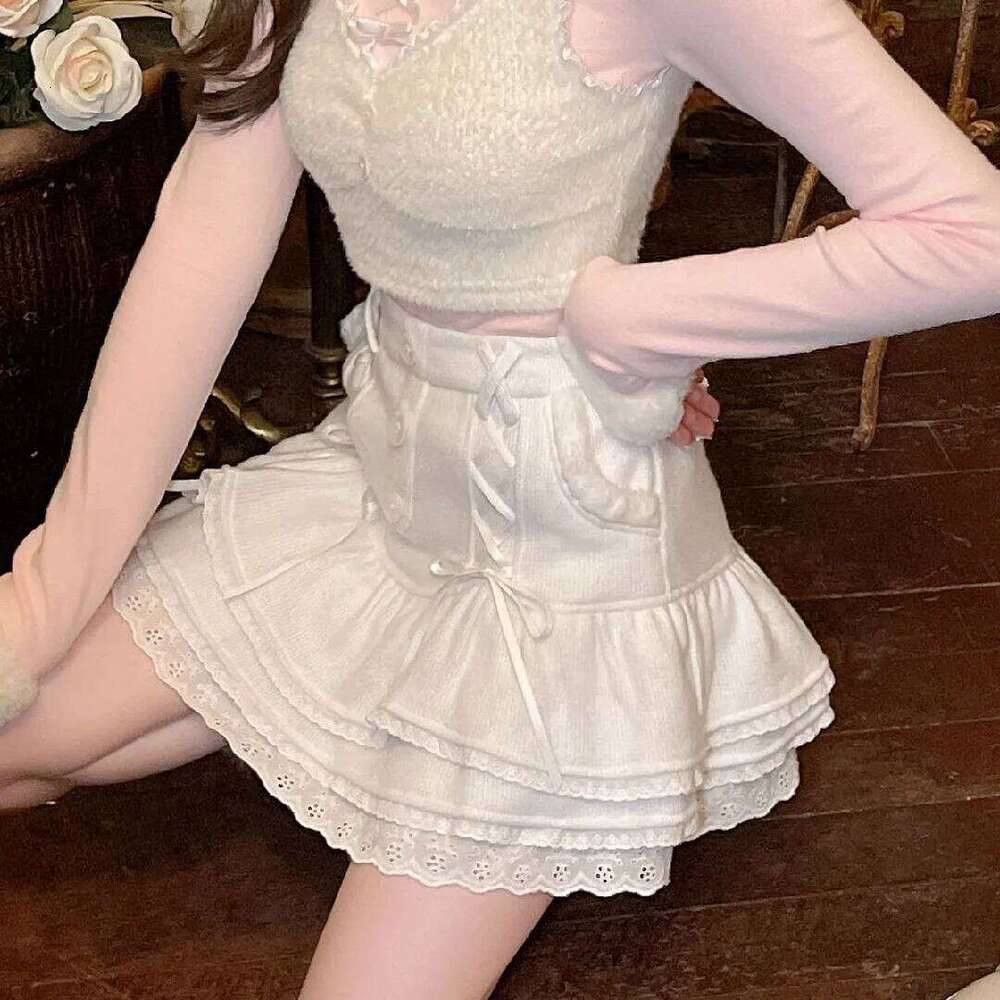 Japanese lolita kawaii clothes pink mini with shorts Lace High Waist korean style women 2025 new fall White skirt fluffy Z260314