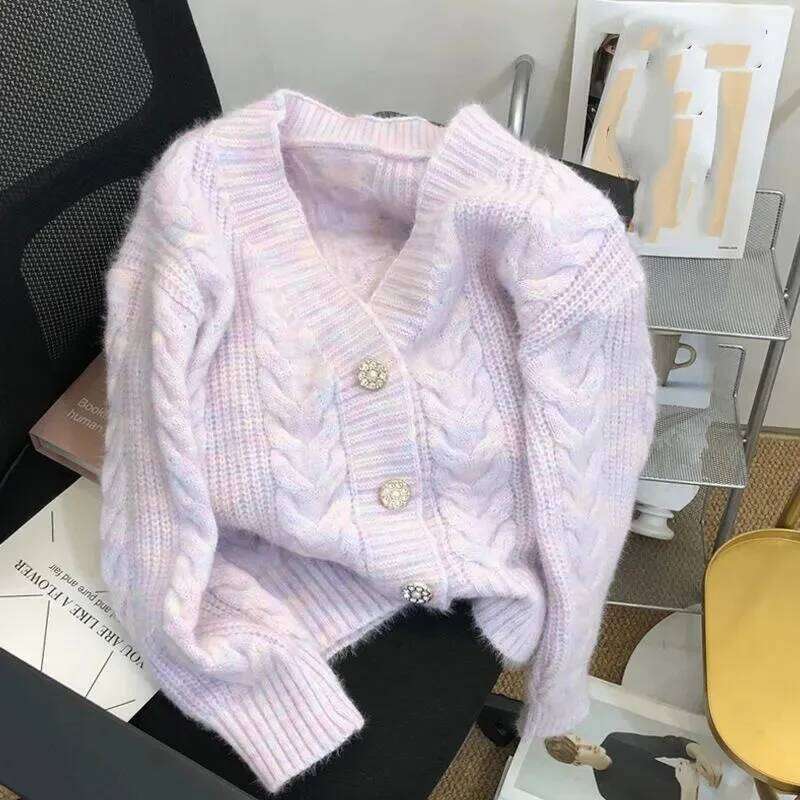 Korean Women Small Fresh Short Knitted Tops Coat 2025 Female V-neck Sweater Cardigan Spring Autumn Ladies Loose Knitting Jacket Z260313