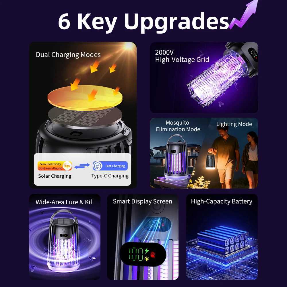 Solar Electric Mosquito Killer 2-in-1 Mosquito Killer Lamp Indoor 2000V Outdoor Solar Powered with Rechargeable Insect Fly Trap H260313