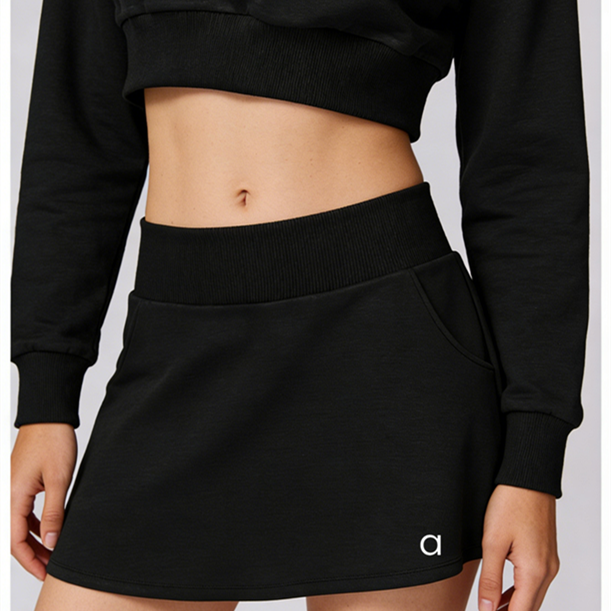 Women's Yoga Skirt Black High-Waisted Tennis Ribbed Waist Flared Mini Skirt with Side Pockets 6008