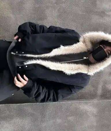 American vintage warm fashionable and simple, loose biker punk jacket, hip-hop style, winter fur collar hooded jacket Z260313