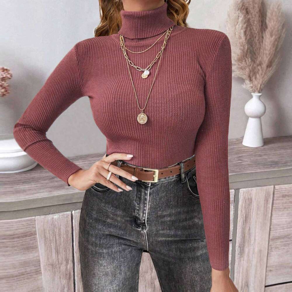 Solid Color Knitted High Necked Pullover Sweater Winter Women'S Warm Base Shirt Tight-Fitting Top Z260313