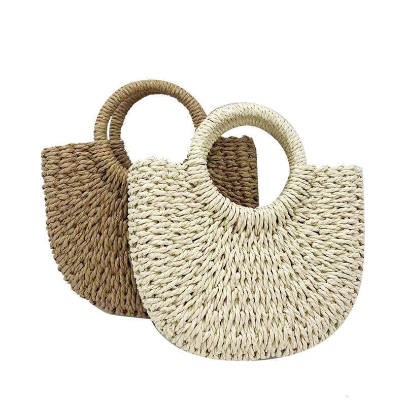 In Stock Wholesale Handmade Straw Two-Tone Paper Rope Casual Handbag Beach Semi-Circular Woven Bag