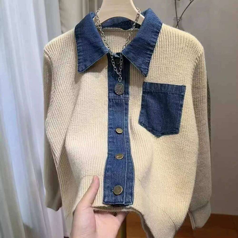 2026 Autumn Winter New Loose Fashion Long Sleeved Sweater Design Sense Polo Collar Denim Patchwork Knitted Women Cardigan Tops Z260313