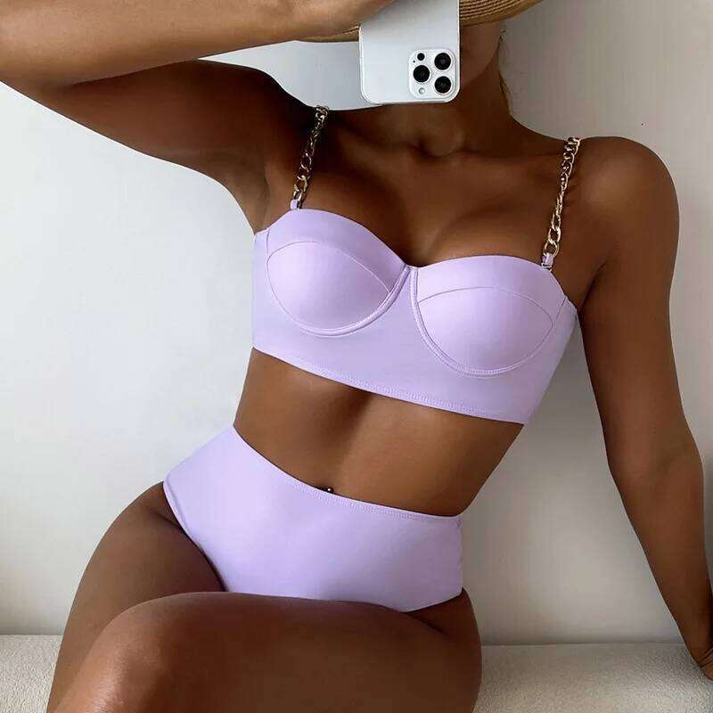 Sexy High Waist Bikini Set Women Push Up Swimwear Solid Neon Green Metal Shoulder Strap Swimsuit 2025 New Bathing Suit Beachwear Y260303