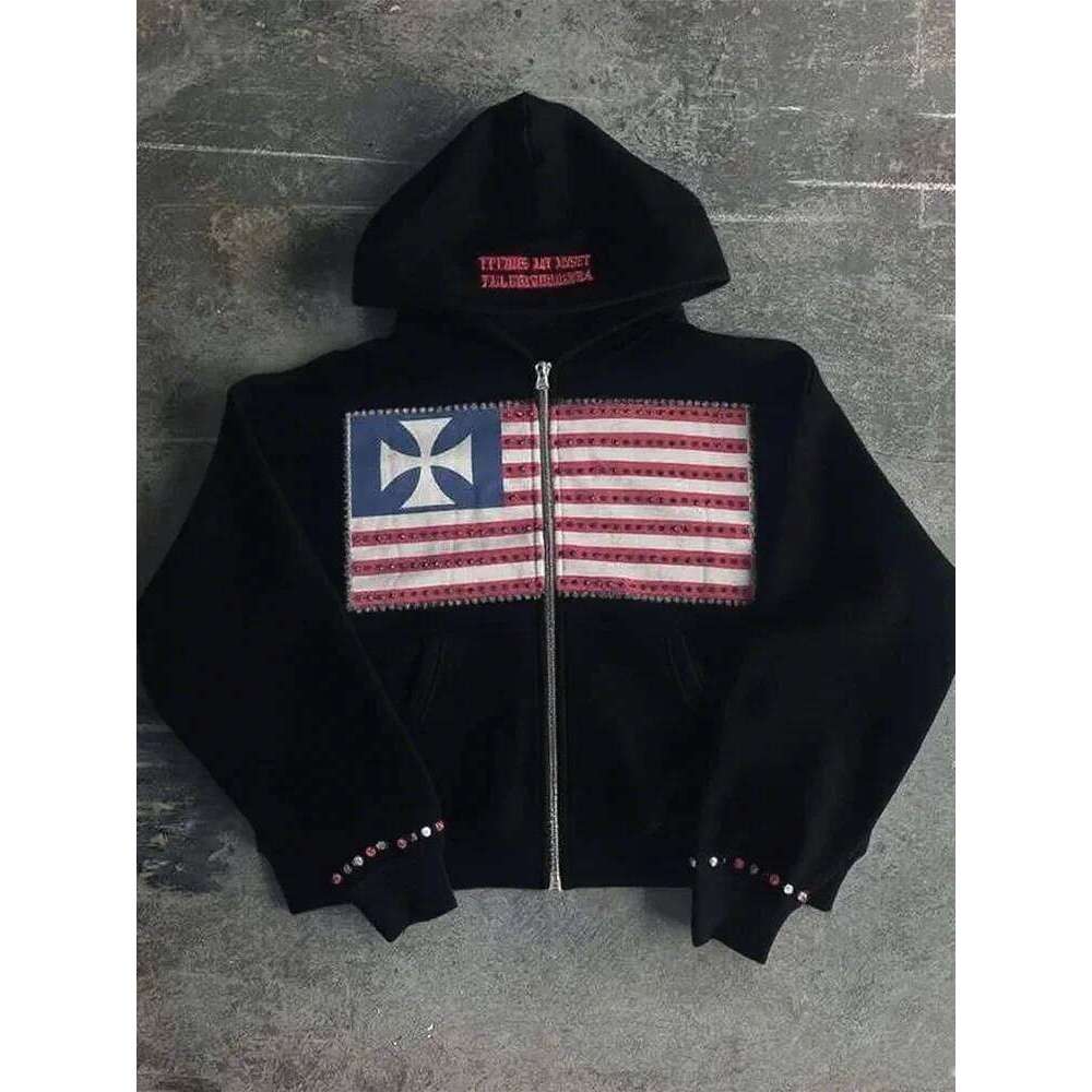 Autumn new national flag minimalist design color collision pattern men hooded Harajuku Y2k loose zipper sweatshirt Z260315