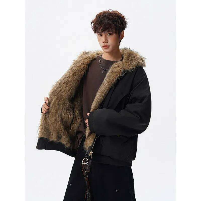 UETEEY Men's Reversible Wear Jacket Vintage Faux Fur Hairy Soft Hooded Coat Man Winter Plush Lined Warm Brown Fluffy Jackets Men Z260313